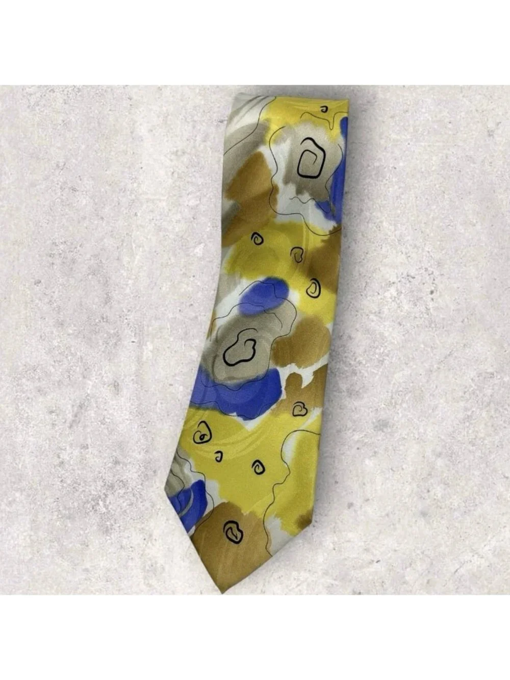 J. GARCIA Silk Tie XL Yellow Blue Brown Art W:3.7